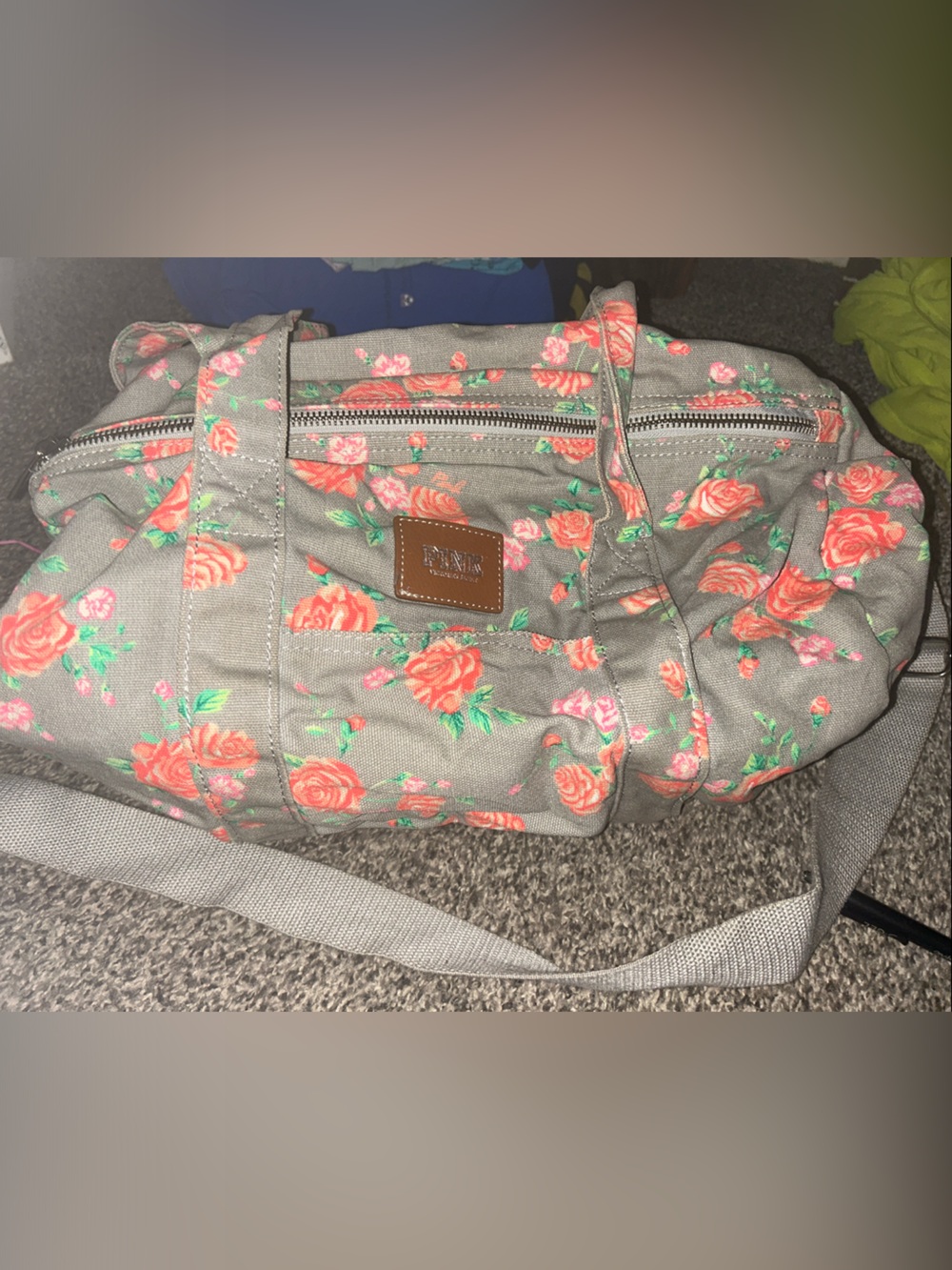 PINK Victoria's Secret Gray Canvas Bag with Coral Floral Print